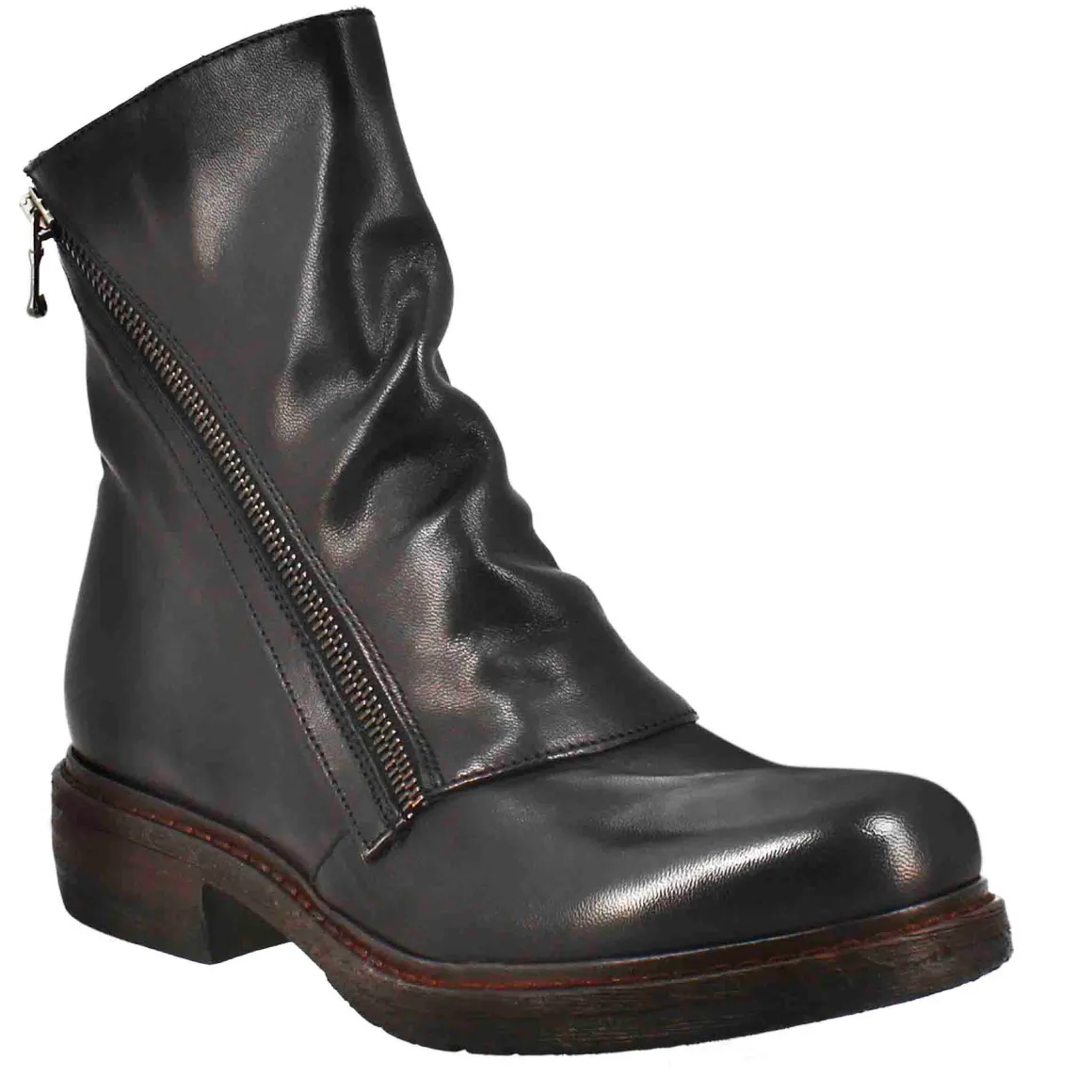 Stivaletto Da Donna In Pelle Lavata Colore Nero Con Doppia Zip