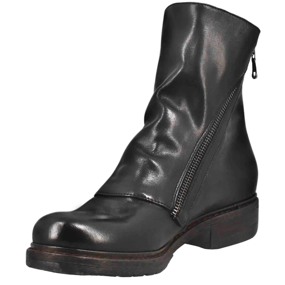 Stivaletto Da Donna In Pelle Lavata Colore Nero Con Doppia Zip