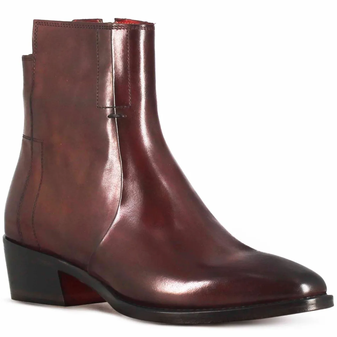 Stivaletto Stile Texano Asimmetrico Da Donna In Pelle Colore Bordeaux