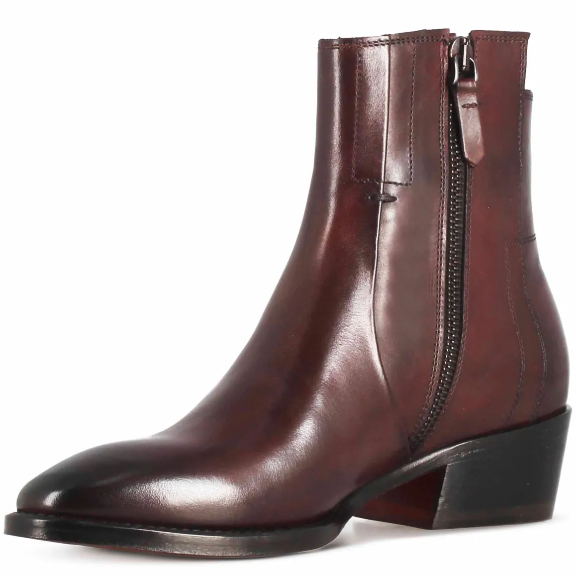 Stivaletto Stile Texano Asimmetrico Da Donna In Pelle Colore Bordeaux