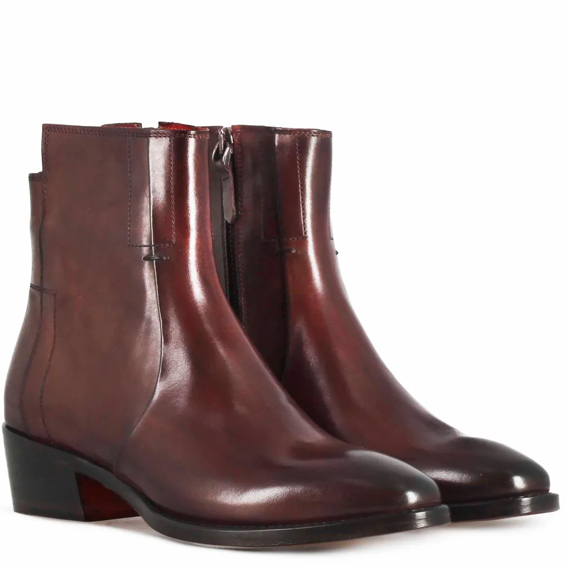 Stivaletto Stile Texano Asimmetrico Da Donna In Pelle Colore Bordeaux