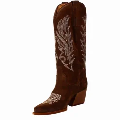 Stivaletto Texano Da Donna In Camoscio Color Cioccolato Con Ricamo
