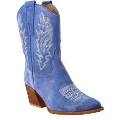 Stivaletto Texano Da Donna In Camoscio, Color Azzurro Con Ricamo.