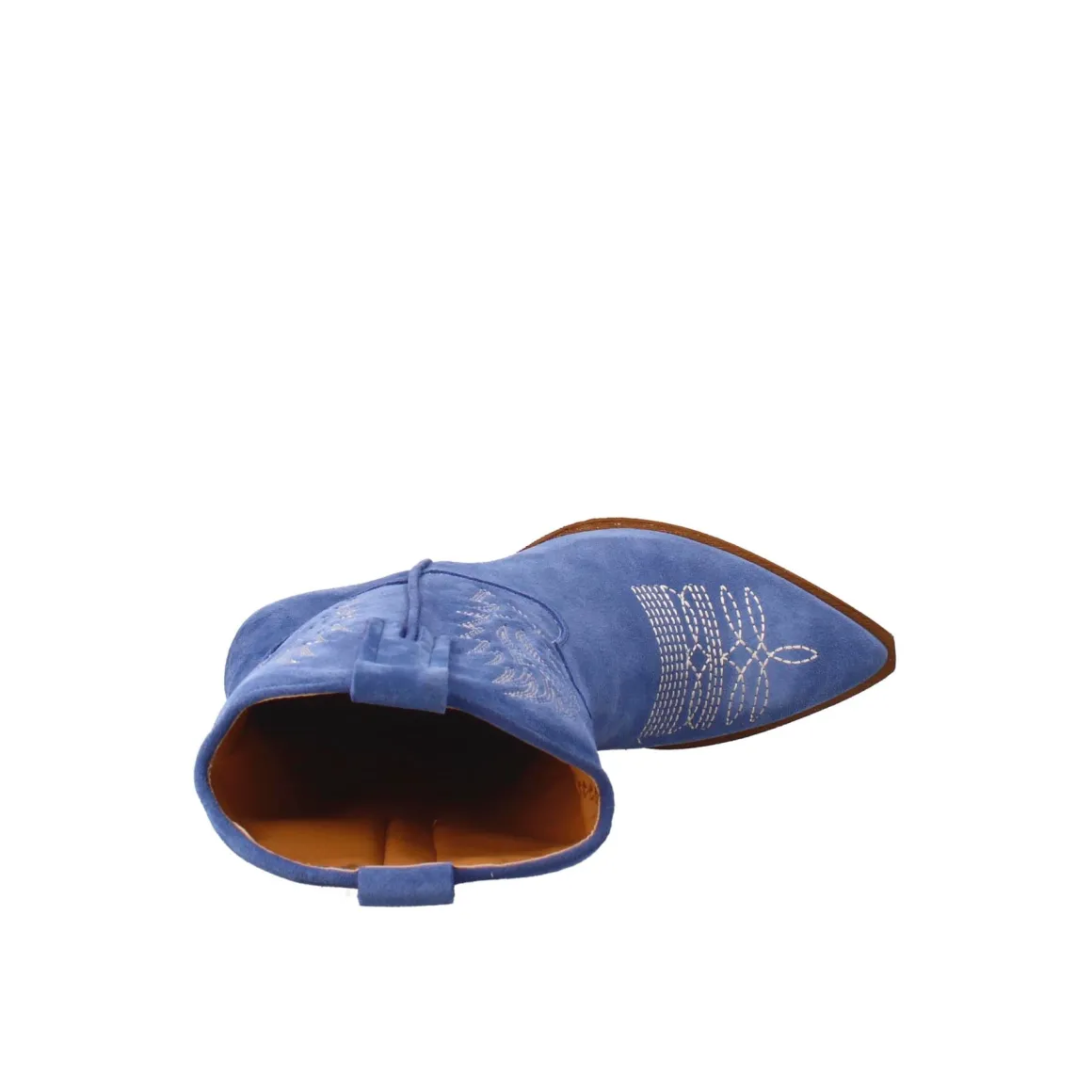 Stivaletto Texano Da Donna In Camoscio, Color Azzurro Con Ricamo.