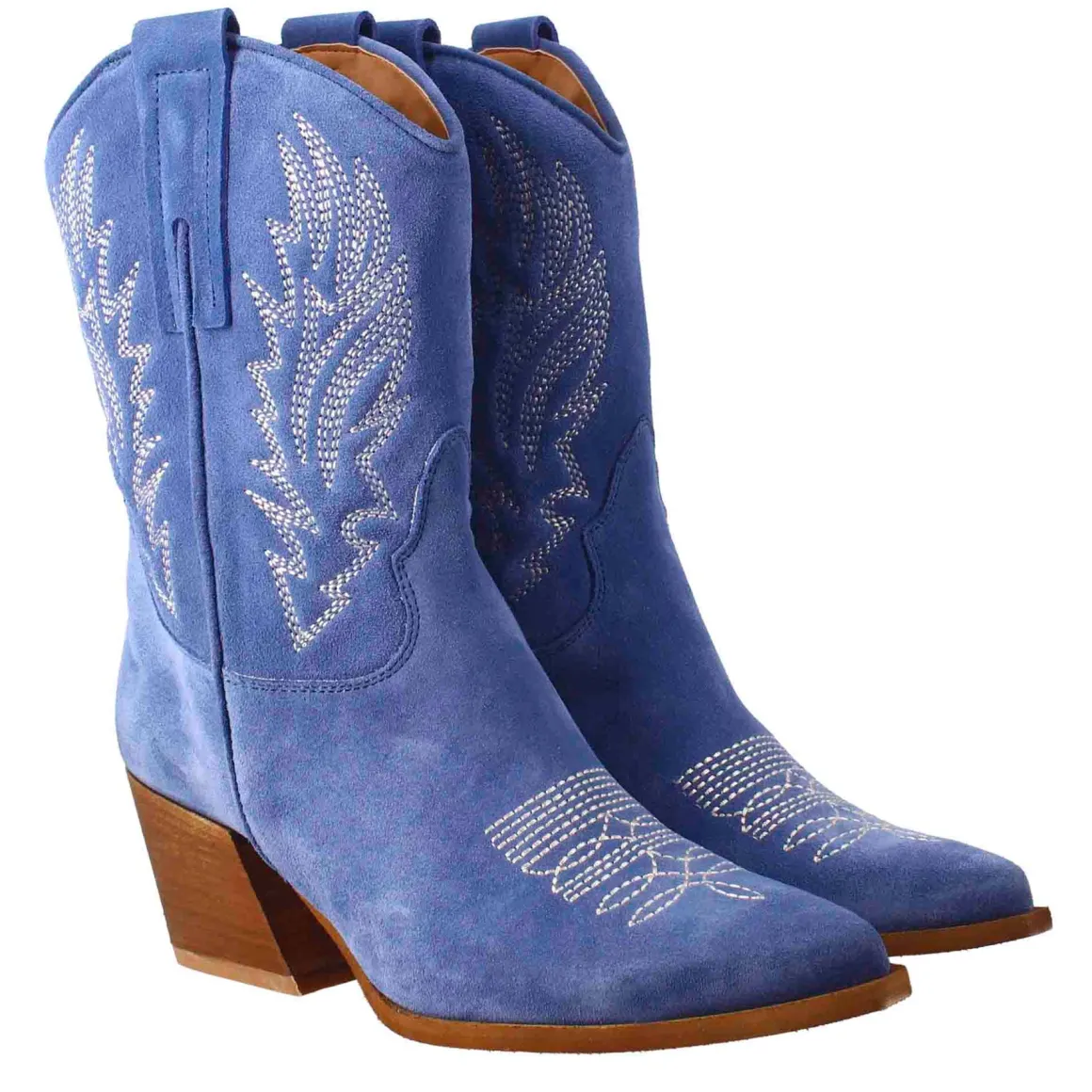 Stivaletto Texano Da Donna In Camoscio, Color Azzurro Con Ricamo.