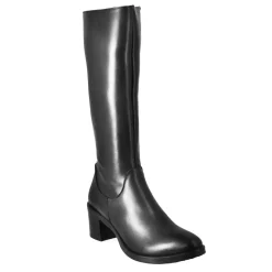Stivali Al Ginocchio Da Donna Liscio Con Tacco Medio In Pelle Nero
