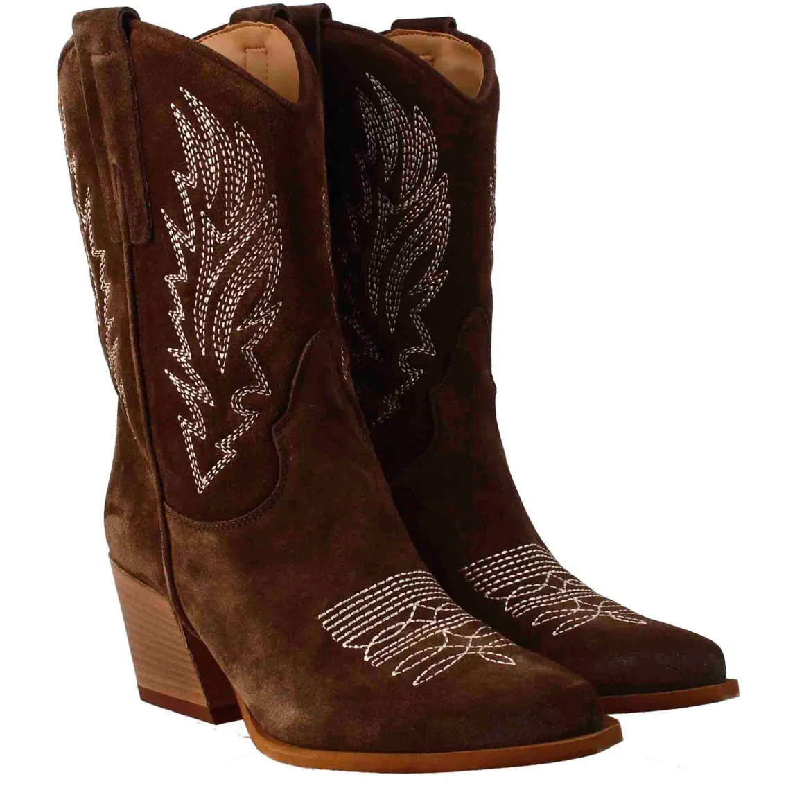 Stivali Texani Bassi Da Donna In Camoscio Marrone Scuro Con Ricami.