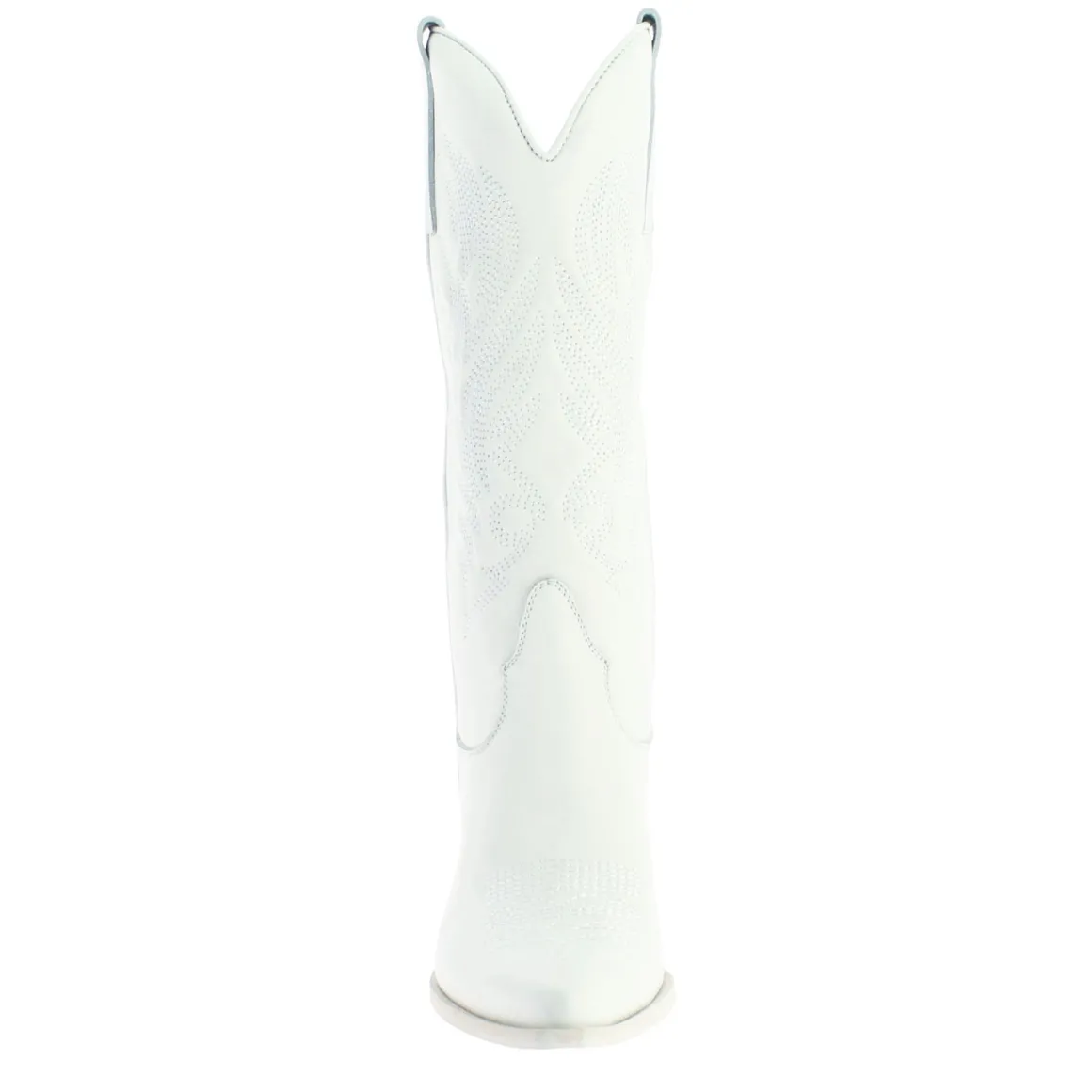 Stivali Texani Medi Da Donna In Pelle Colore Bianco Con Ricami.