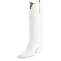 Stivali Texani Medi Da Donna In Pelle Colore Bianco Con Ricami.