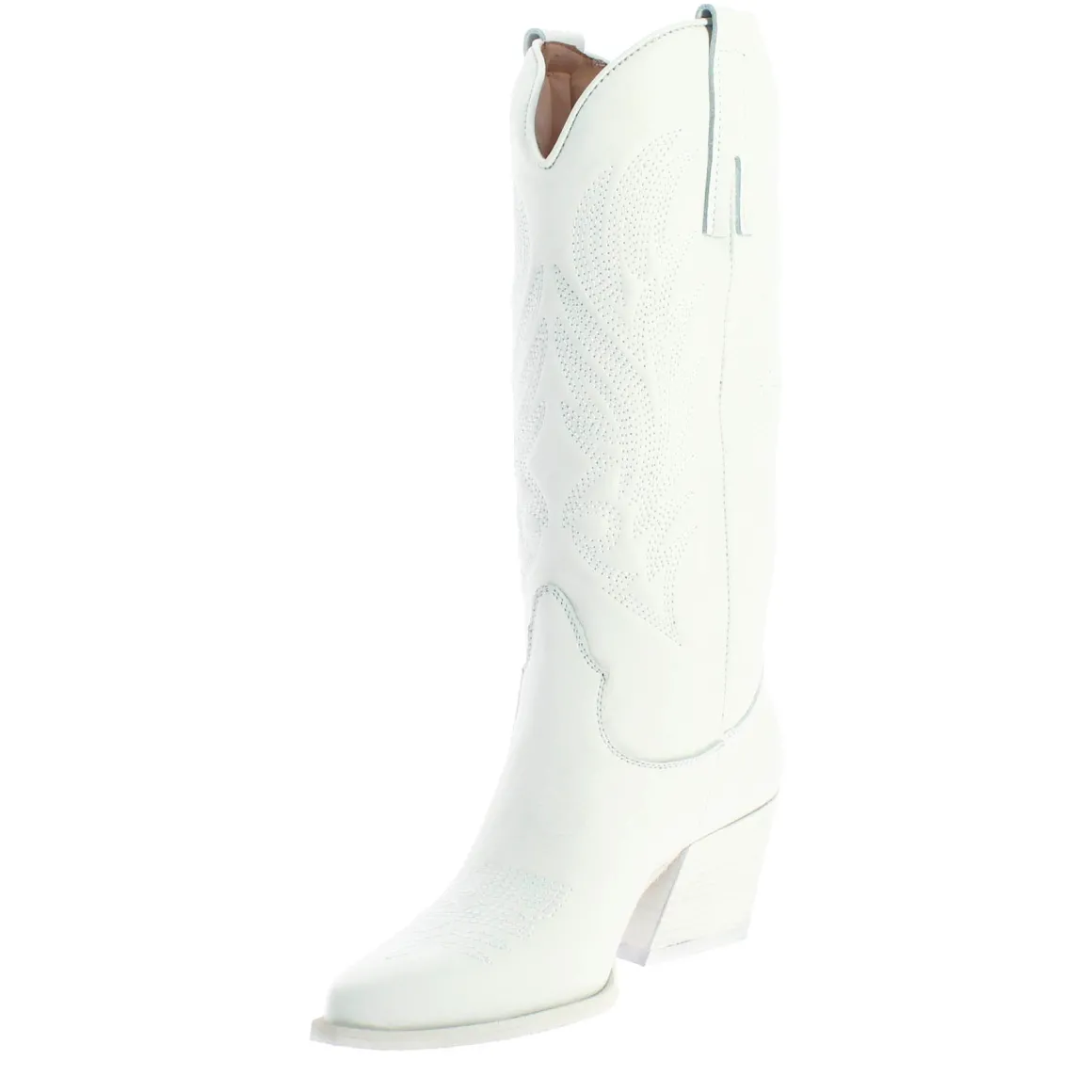 Stivali Texani Medi Da Donna In Pelle Colore Bianco Con Ricami.