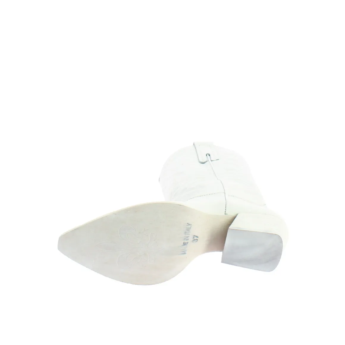 Stivali Texani Medi Da Donna In Pelle Colore Bianco Con Ricami.