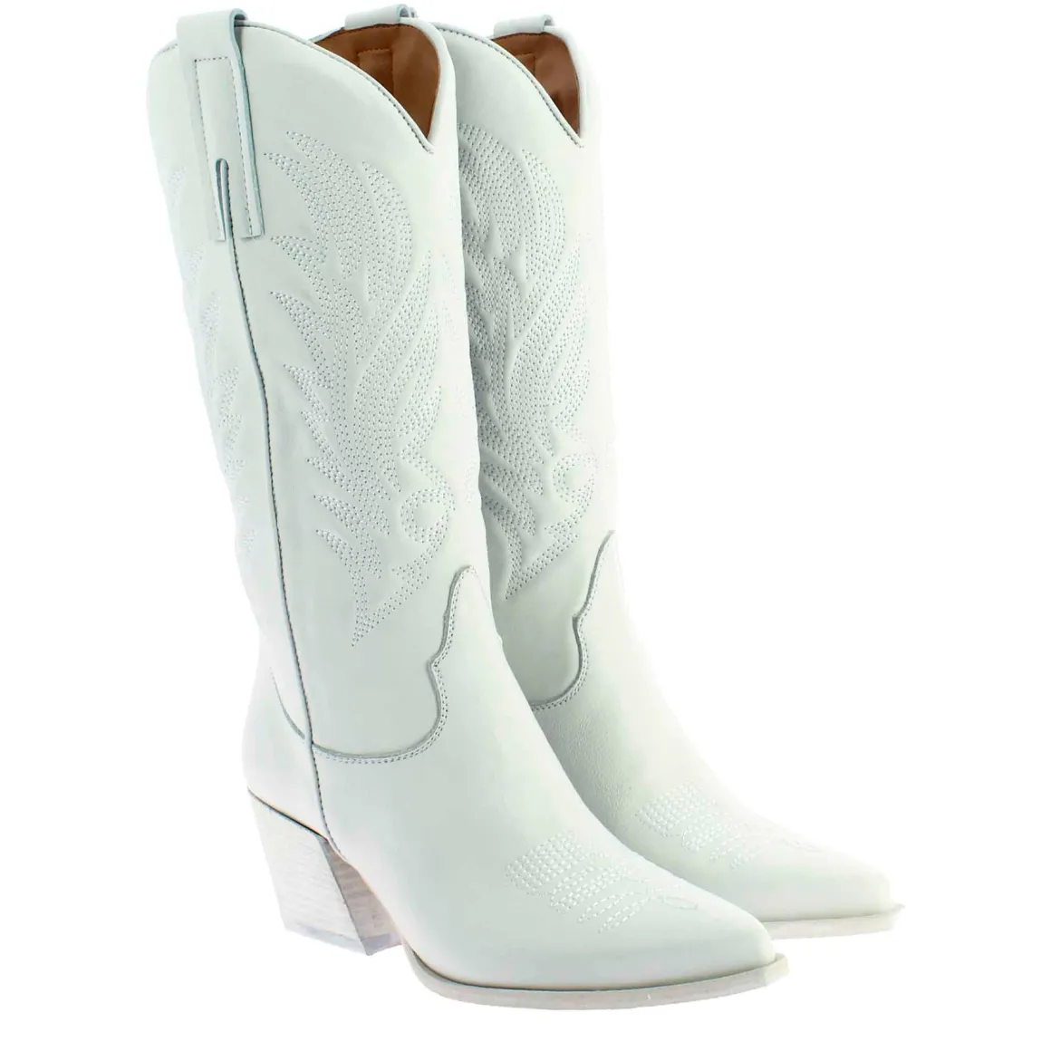 Stivali Texani Medi Da Donna In Pelle Colore Bianco Con Ricami.
