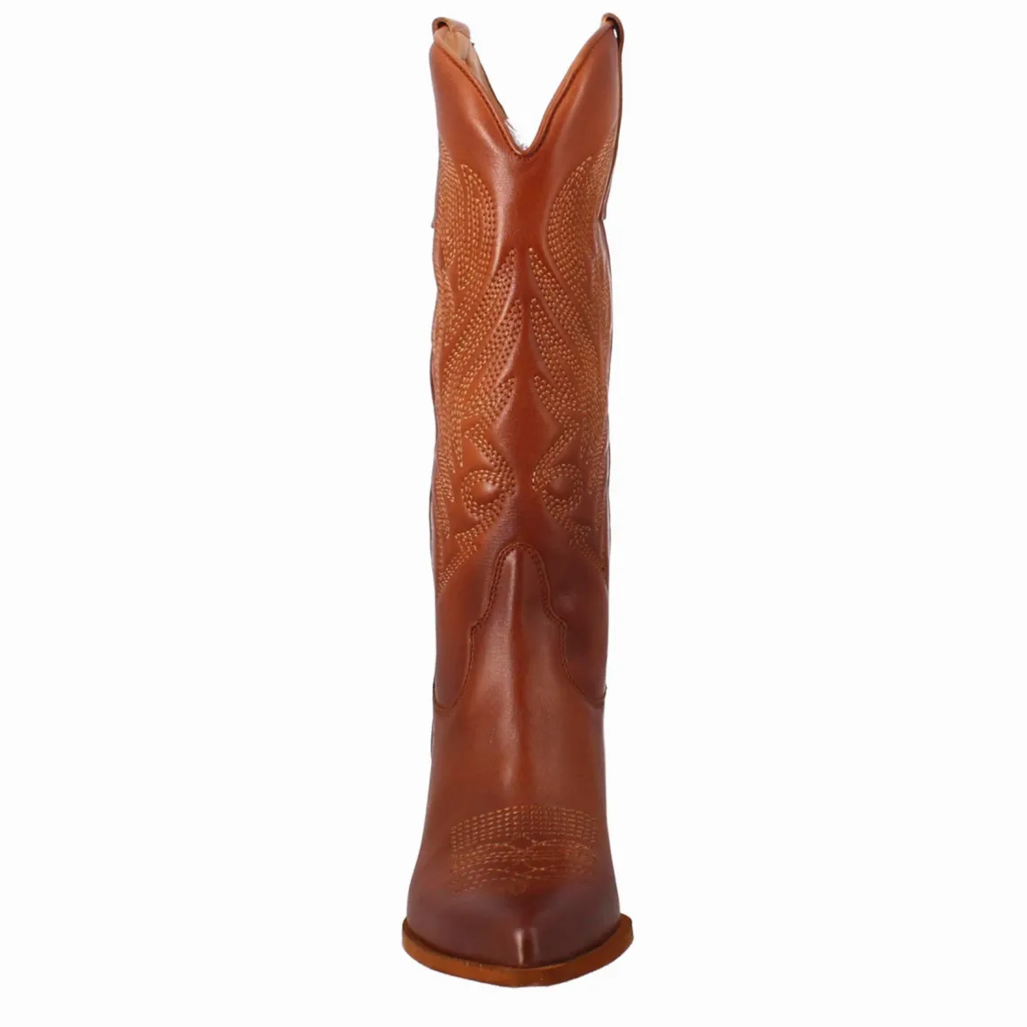 Stivali Texani Medi Da Donna In Pelle Colore Marrone Con Ricami.
