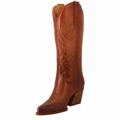 Stivali Texani Medi Da Donna In Pelle Colore Marrone Con Ricami.
