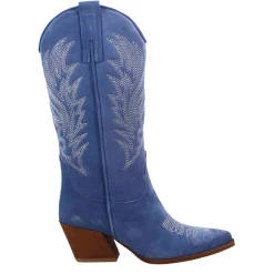 Stivali Texani Medi Da Donna In Camoscio Blu Con Ricami.