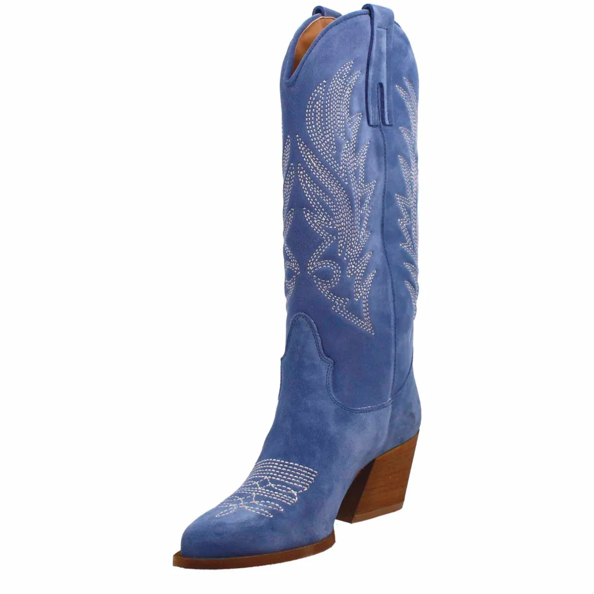 Stivali Texani Medi Da Donna In Camoscio Blu Con Ricami.