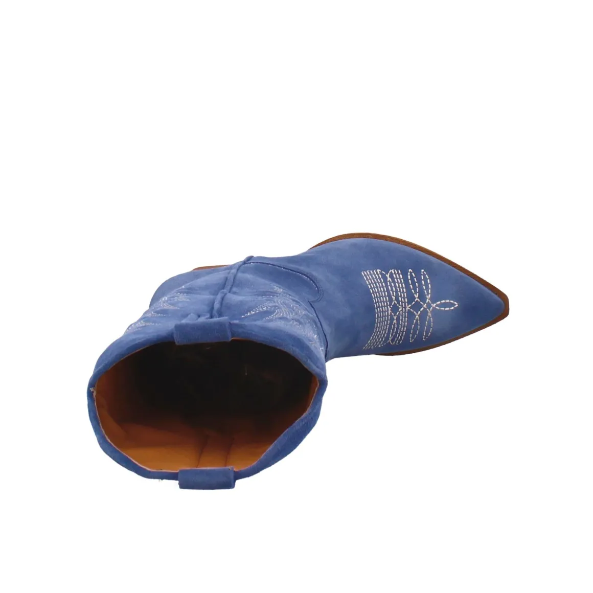 Stivali Texani Medi Da Donna In Camoscio Blu Con Ricami.