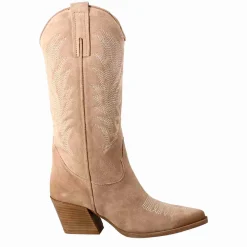 Stivali Texani Medi Da Donna In Camoscio Beige Chiaro Con Ricami.