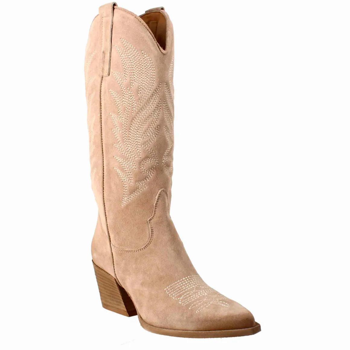 Stivali Texani Medi Da Donna In Camoscio Beige Chiaro Con Ricami.