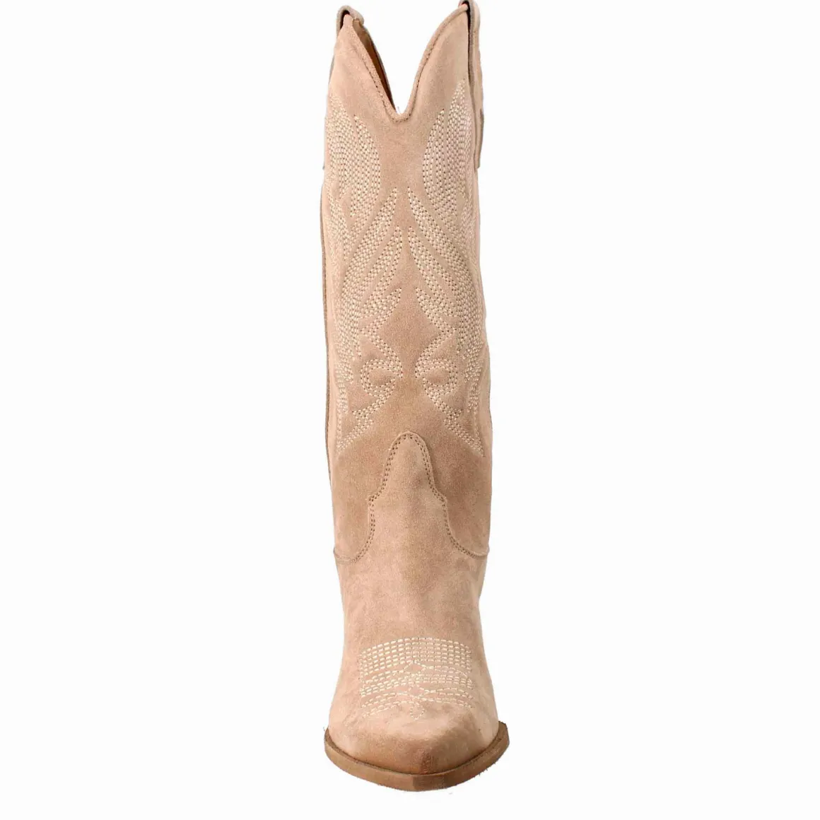 Stivali Texani Medi Da Donna In Camoscio Beige Chiaro Con Ricami.
