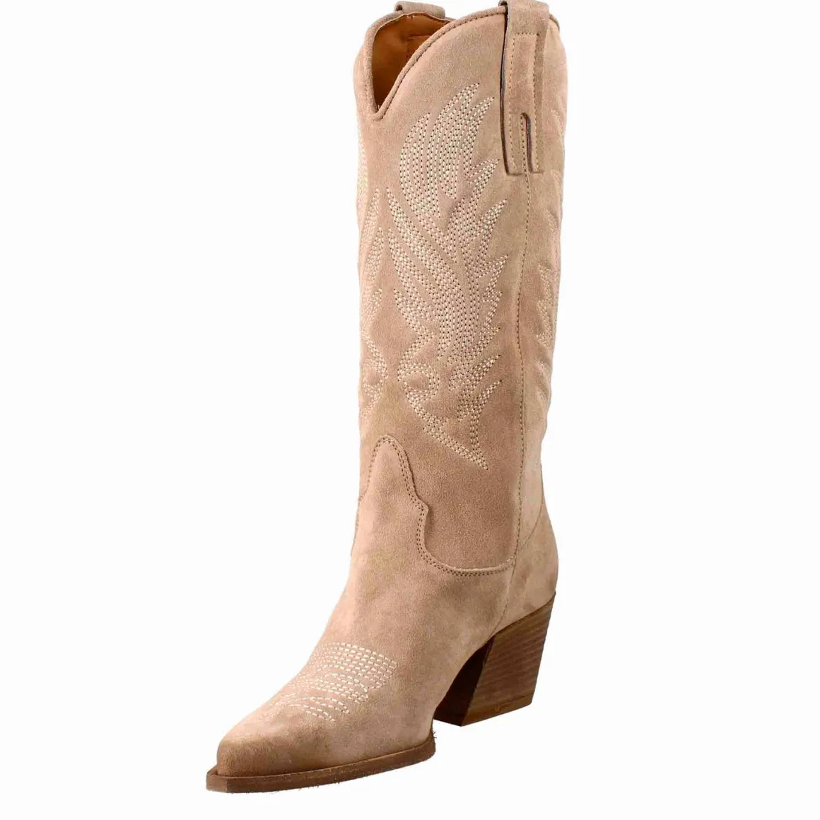 Stivali Texani Medi Da Donna In Camoscio Beige Chiaro Con Ricami.