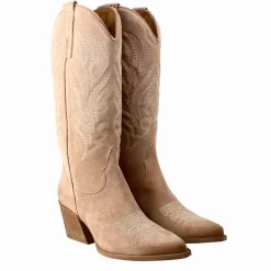 Stivali Texani Medi Da Donna In Camoscio Beige Chiaro Con Ricami.